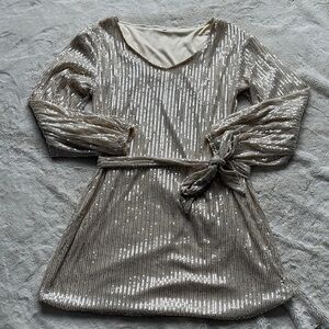 Champagne Sequin Long Sleeve Belted Dress | Size M | Holiday Glam & Party Look